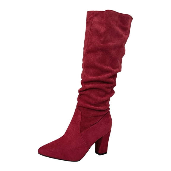 YLYL Suede Knee High Boots for Women Slouchy Chunky High Heel Pointed Toe Pull on Fashion Riding Long Boots