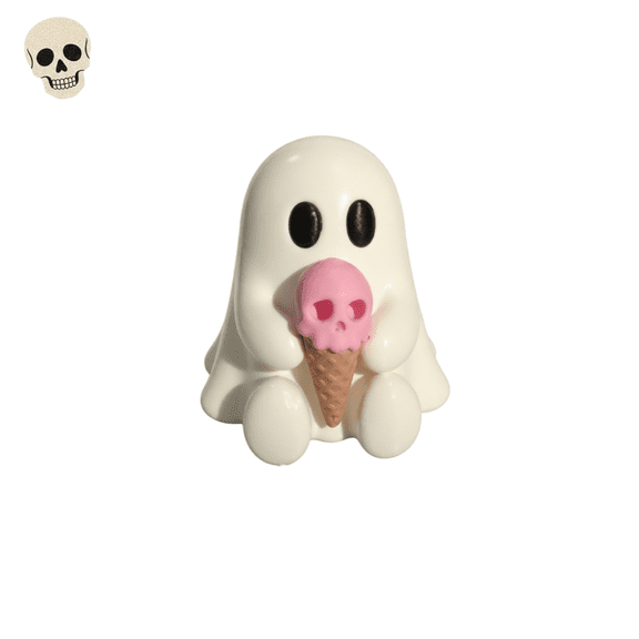 White Ghost Mini Figurine With Skull Ice Cream, Cute Halloween Decoration,Halloween Decor, Summerween Decor, Reusable Halloween Decorations & Novelty Halloween Gifts, Matches summerween decor-B