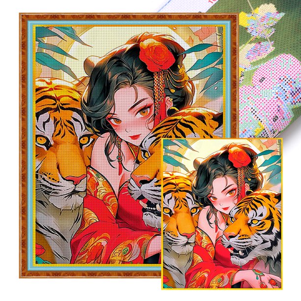 Hilo de bordar de algodón completo 11CT estampado de tigre y niña Wdftyju 50x60cm