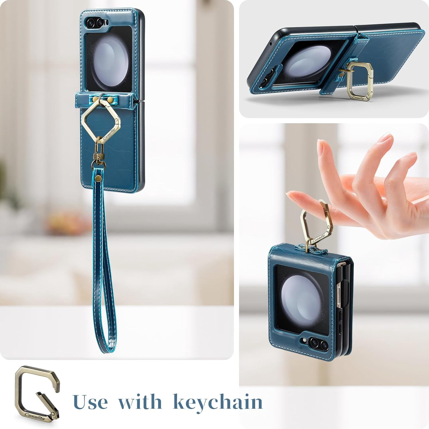 Phone Case for Samsung Galaxy Z Flip 5 5G 2023 with Lanyard Wrist Strap Thin Slim PU Leather Shockproof Hard Shell Protective Cell Cover ZFlip5 Z5 G Flip5 5Z Women Girls Blue