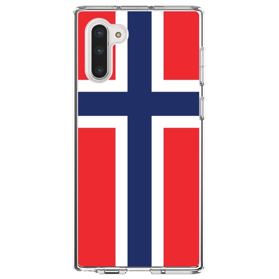 DistinctInk Clear Shockproof Hybrid Case for Samsung Galaxy Note 10 (6.3" Screen) - TPU Bumper, Acrylic Back, Tempered Glass Screen Protector - Norway Flag Red White Blue - Norway