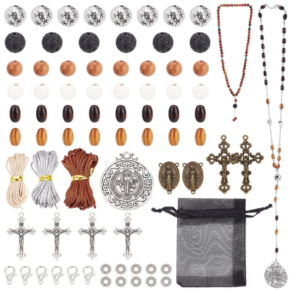 DIY Rosary Necklace Making Kit Including Alloy Pendants & Link Connectors Natural Lava Rock & Wood & Acrylic Beads Mixed color