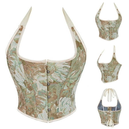 BiZtdJrK Womens Halter Corset Top Sleeveless Crop Bustier Tops Vintage Floral Corset Bustier Lingerie Tie Back Shapewear Vest Top My Orders Placed by Me Green L