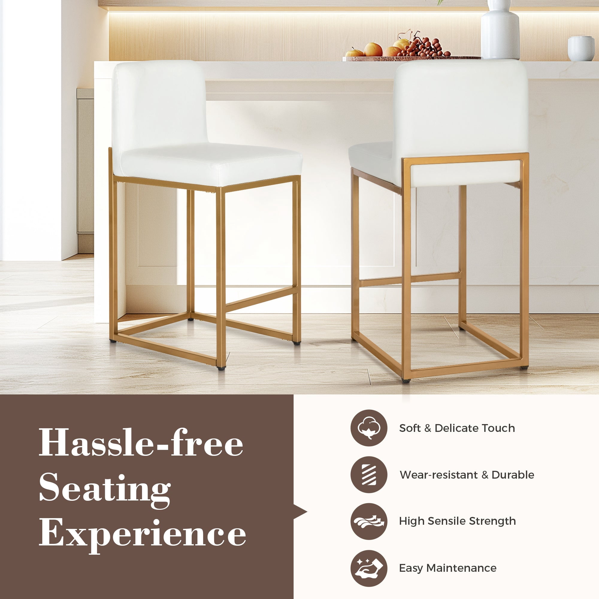 SUMMIT LIVING 24" Counter Height Bar Stool Set of 3, Faux Leather Upholstered Bar Stool with Back, White