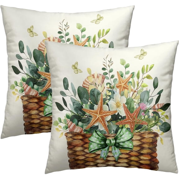 Vintage Summer Throw Pillow Covers 16x16 Inch Pack of 2, Starfish Eucalyptus Floral Leaves Seasonal Square Cotton Pillowcases for Couch Sofa Bed Porch Garden Outdoor Decor