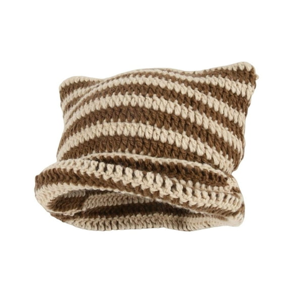 Winter Crochet Hat Knitting Cap Clothing Comfortable Headwear Striped Beanie for Coffee and Beige