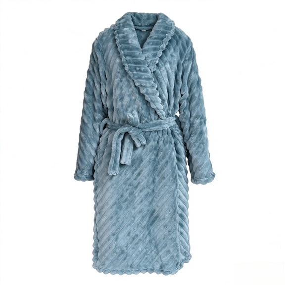 Qeils Women's Ice Mist Teal Striped Fuzzy Flannel Bathrobe, Shawl Collar Plush Wrap Robe with Tie Belt, Soft Warm Winter Loungewear