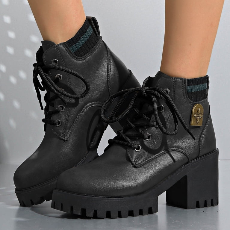 ladies dress boots on amazon Mepaouo Women's Combat Ankle Lace up High Chunky Heel Military Short Booties Riding Boots, Size: 9, Black fall_2025