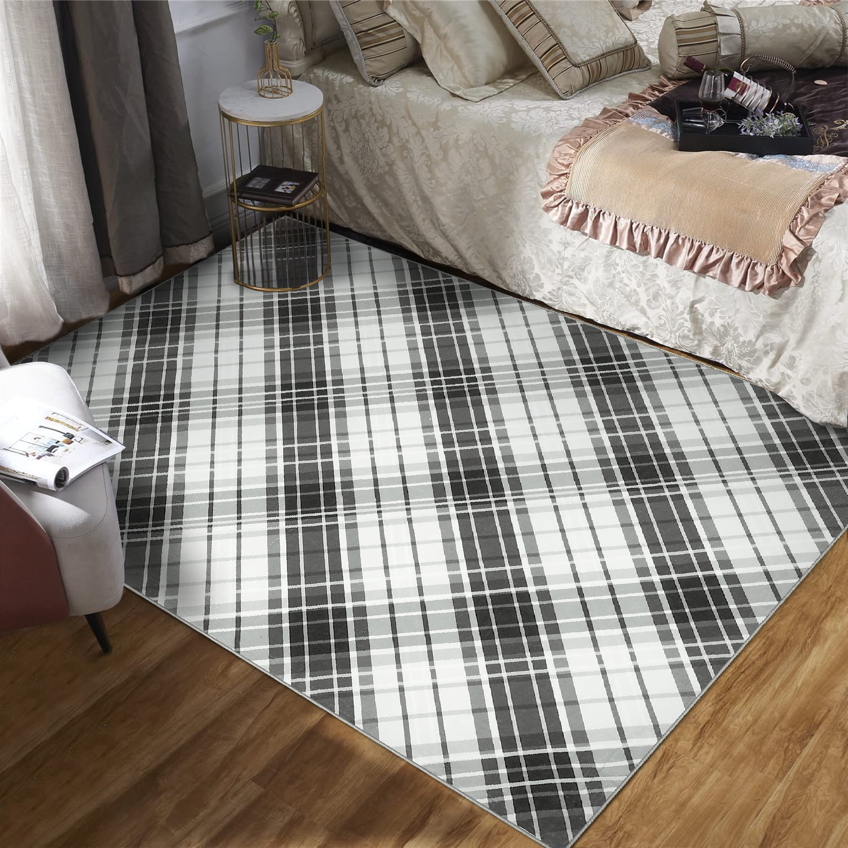 FairOnly Large Low Pile Stain Resistanta Area Rug for Living Room Bedroom 9' x 12' Plaid Design Area Rug, Black-gray