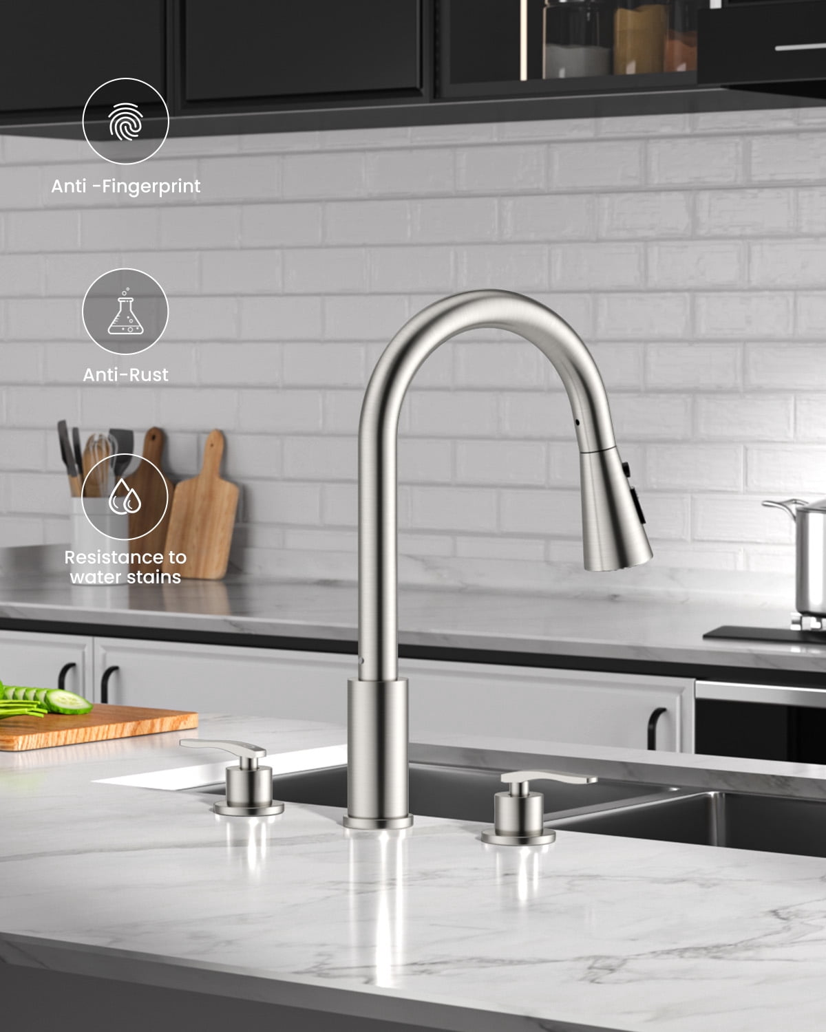 DAYONE 3 Hole Kitchen Faucet with Separate Handle and Pull Down Sprayer, 2 Handle Sink Faucets for Kitchen/RV with Soap Dispenser Stainless Steel, Brushed Nickel