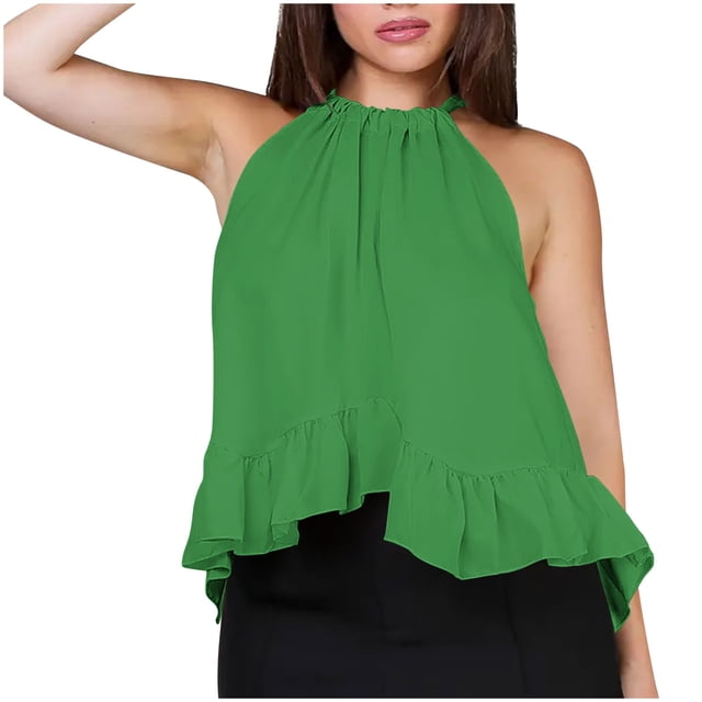 Sleeveless Top for Women, Non-Positioning Printed Loose Fit with Ruffle Hem and Halter Back Tie Design, Black S