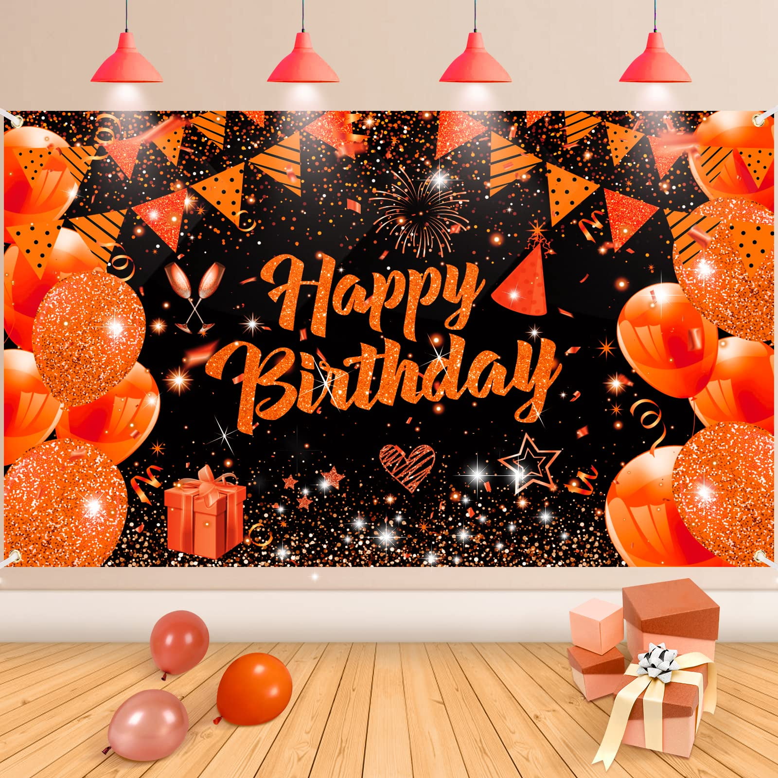 Orange Birthday Banner Decorations Large Orange Black Happy Birthday