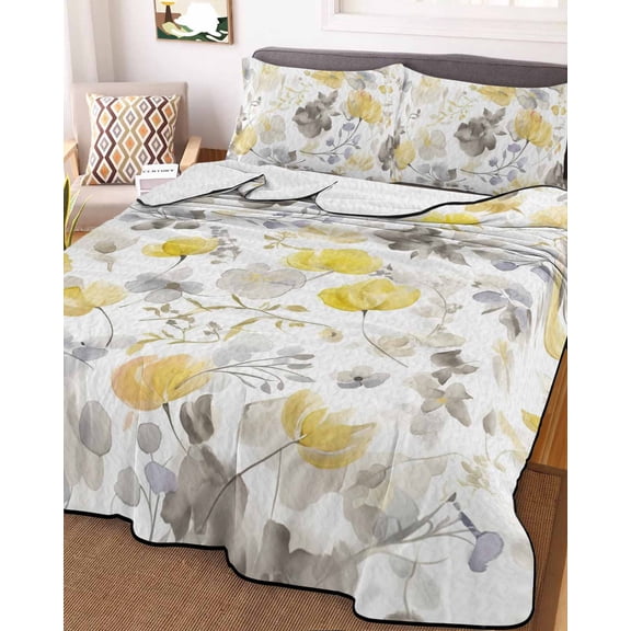 Yellow Grey Botanical Twin Size Down Alternative Comforter, Lightweight Comforter Quilt Bedding Set with Pillow Shams Spring Floral Watercolor All Seasons Bed Comforter Duvet Insert 68"x86"