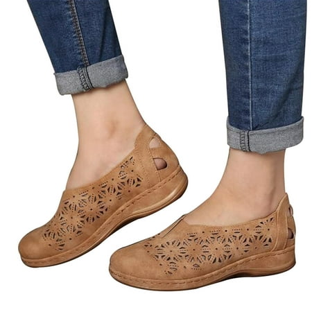 

Faux Leather Elastic Comfy Women Slip On Women s Hollow-Out Round Toe Flat Heel