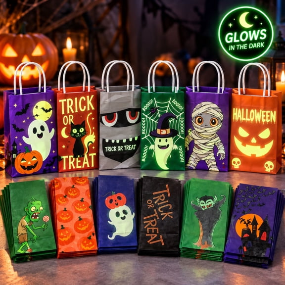 JoyX 48-Pack Halloween Candy Bags Glow-in-the-Dark Trick or Treat Bags | Party Supplies