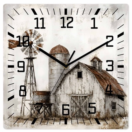 Wall Clock Farmhouse Wood Barn Operated Square Clocks Wooden Silent Non Ticking Wallclock 12 Inch