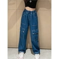thumbnail image 3 of YONGHS Kids Girls Cargo Jeans Wide Leg Baggy Denim Pants Loose Trousers with Flap Pockets Blue 7-8, 3 of 7