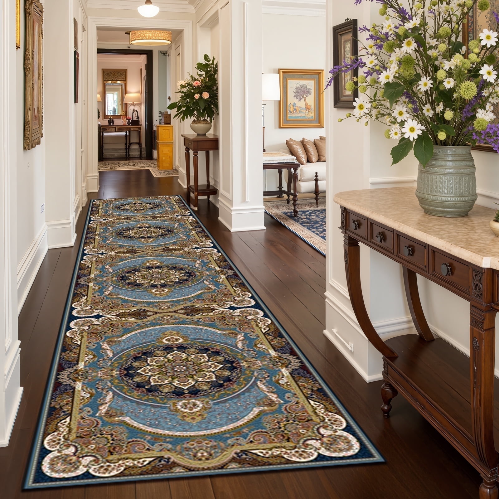Mitzzllc Runner Rug 2'x10' Non Slip Hallway Vintage Rugs,Machine Washable Long Floor Carpet Entryway Area Rugs,Blue and Black