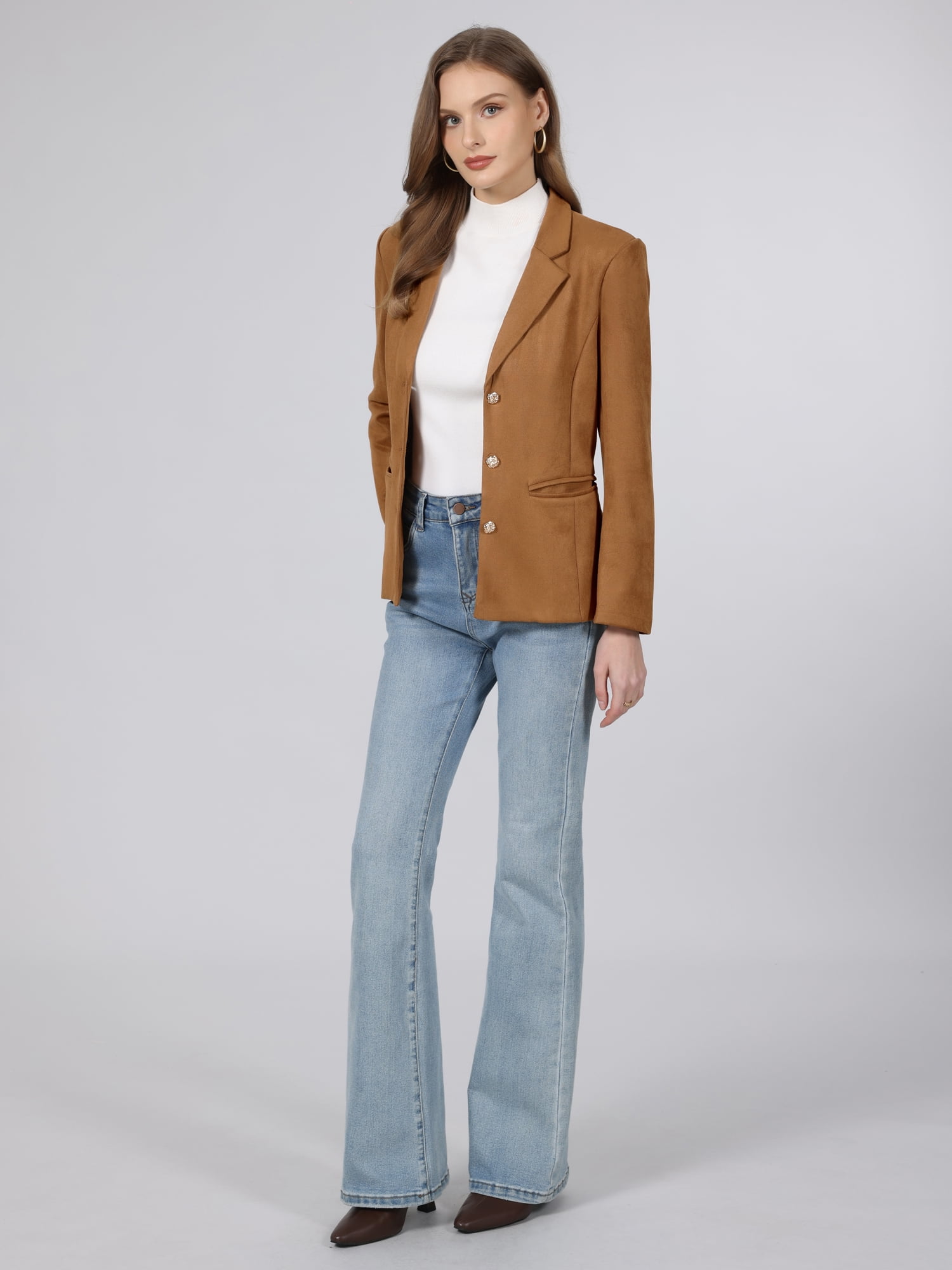 DARING DIVA Women's Faux Suede Blazer Lapel Collar Long Sleeve Jacket S Brown