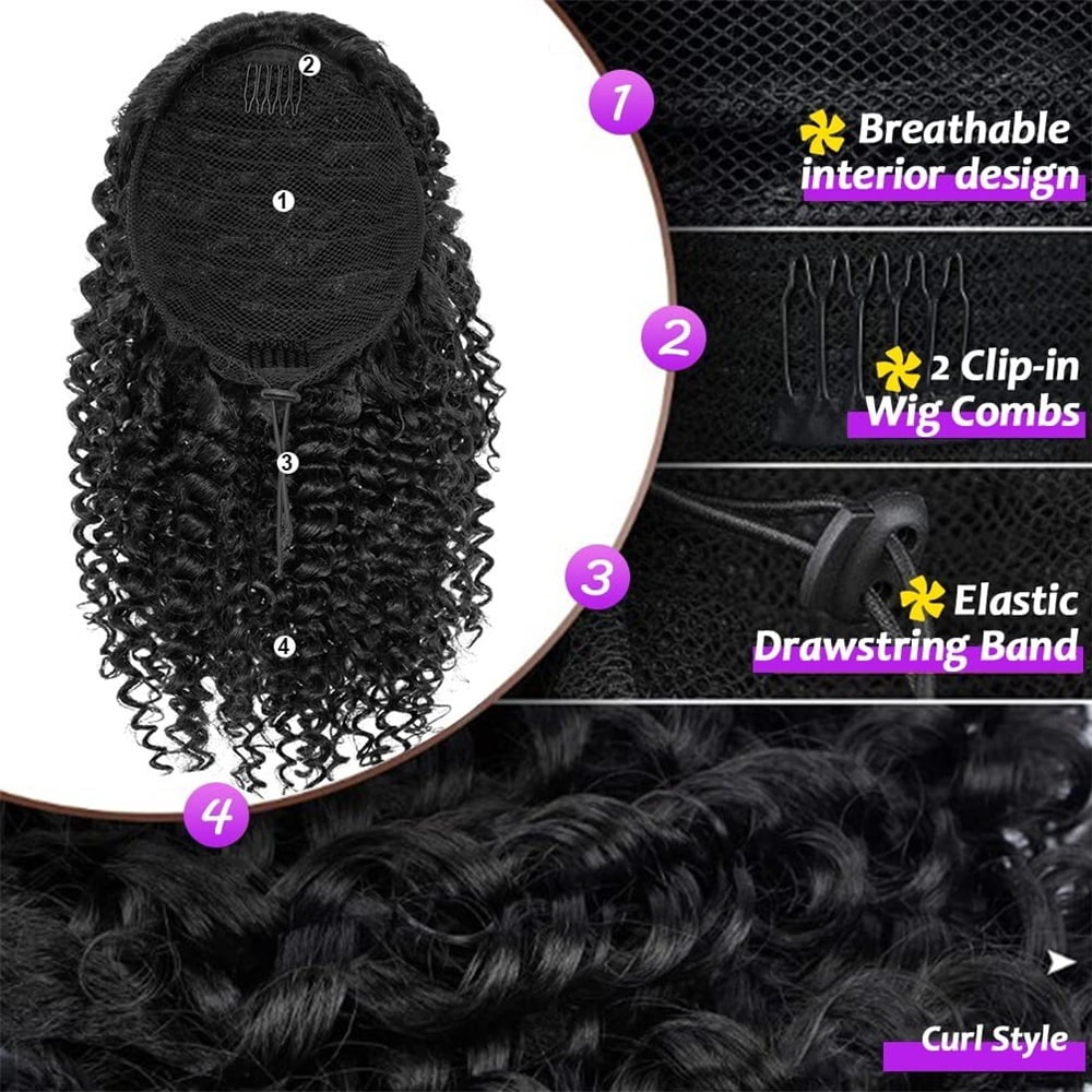 14 Inch Drawstring Ponytail Extension Synthetic Afro Kinky Curly Ponytail Hair Pieces Natural Color for Women