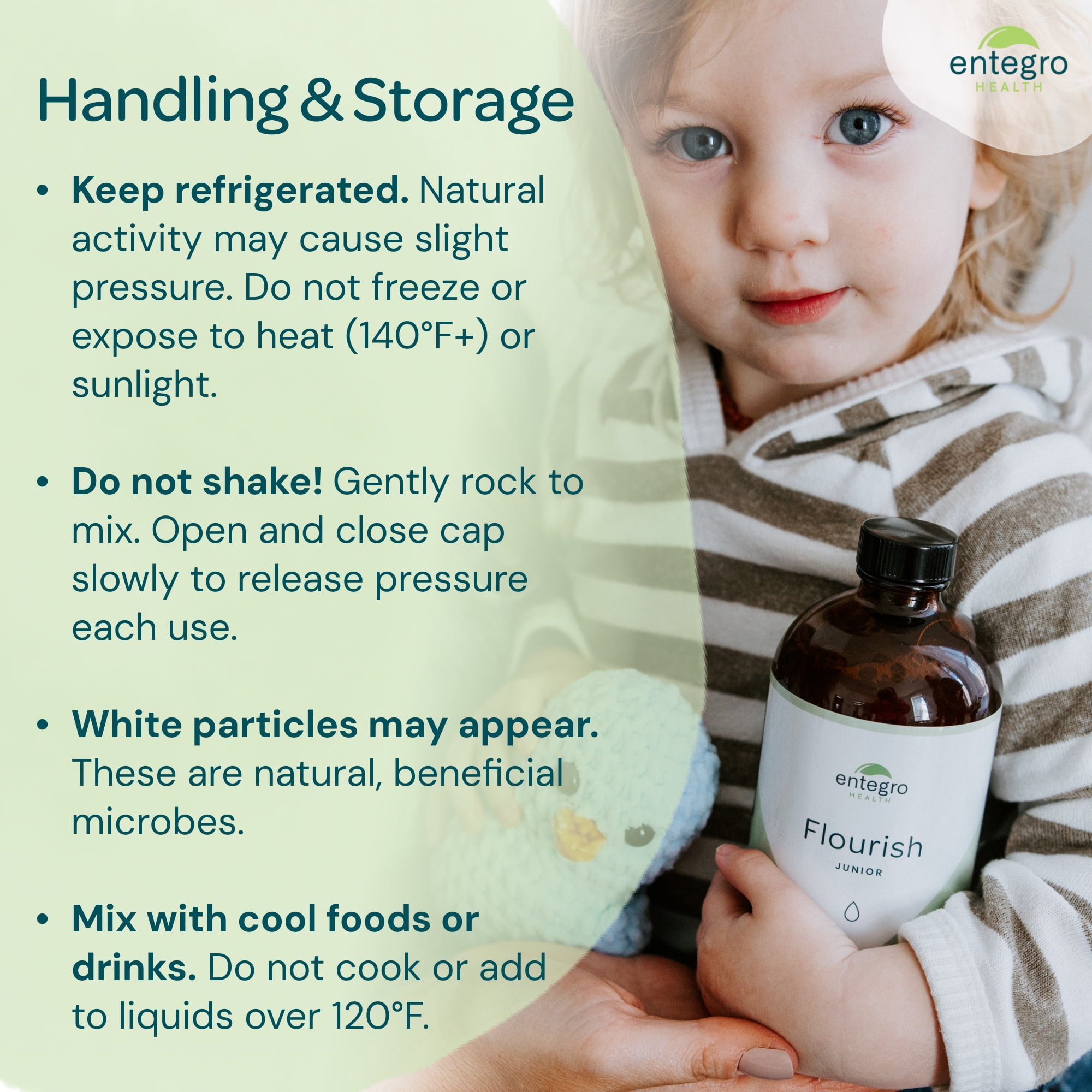 Entegro Health Flourish Junior Liquid Probiotic & Postbiotic Supplement for All Ages, 16 fl oz Glass Bottle