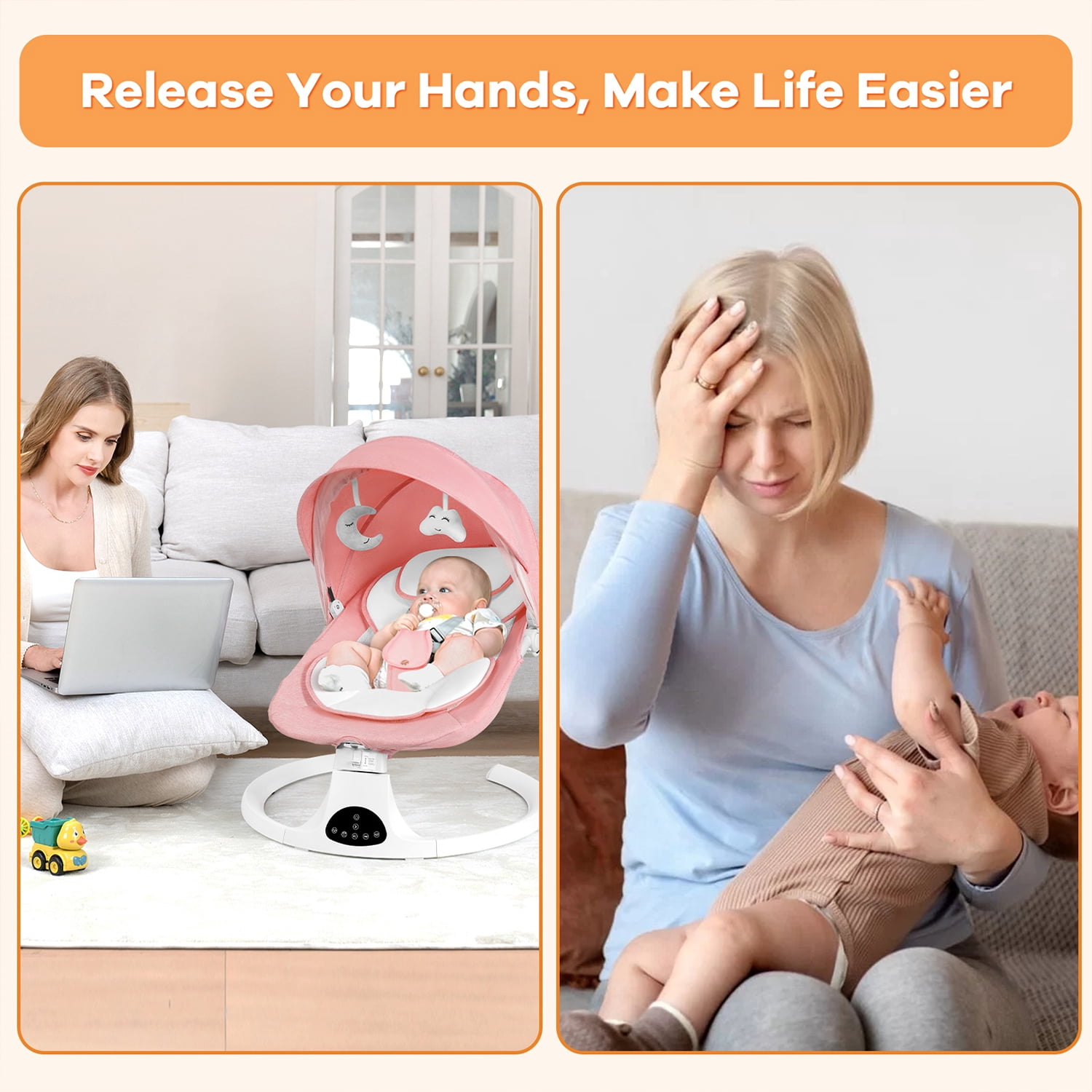 Baby Swing for Infants, Unisex Baby Bouncer, Bluetooth Music for 0-18 months, 5 Sway Speeds, 10 Lullabies for All Seasons,Pink