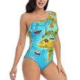 thumbnail image 3 of Sikiie World Map With Animals Landmarks Print Women One Piece Swimsuits Tummy Control One Shoulder Bathing Suits Ruffle Swimwear, From S to XXL-XX-Large, 3 of 6