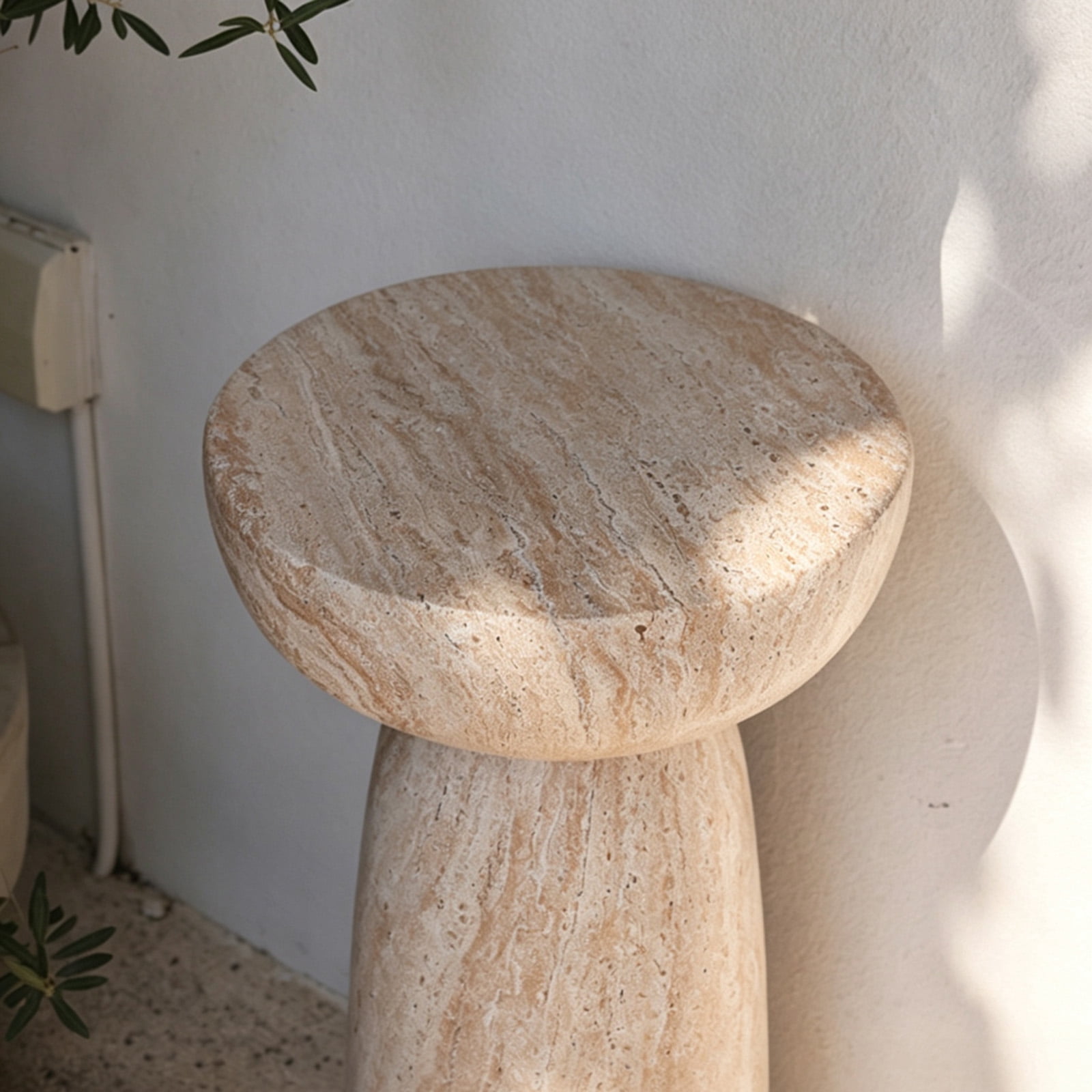 Side Table with Mushroom Shape and Natural Stone Grain, Waterproof Patio End Table and Accent Table for Balcony Yard Hallway, Beige White