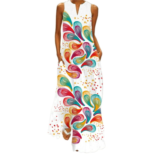Bellella Robe Longue Maxi pour Femmes, Robe Débardeur à Col en V, Imprimé Floral, Robe d'Été de Plage, Ample, Sans Manches, Style de Fête, Y L