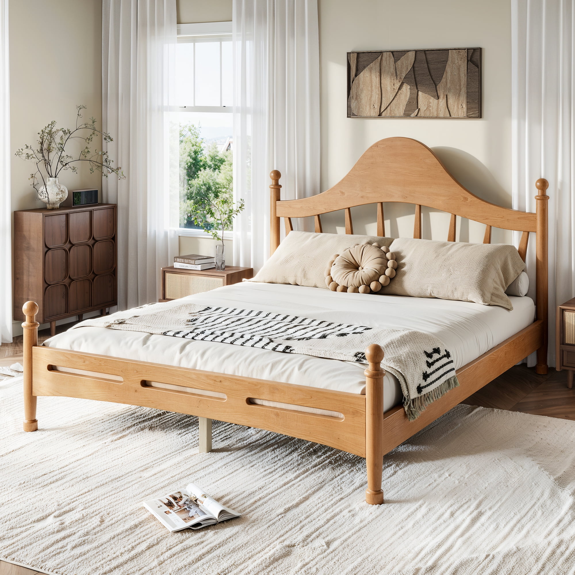 Leumius Queen Size Platform Bed with Chic Headboard, Solid Wood Bed Frame with Slatted Support, Low to Ground Design for Bedroom Natural