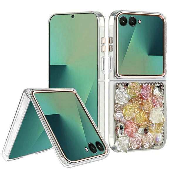 For Samsung Z Flip 7 Muti-Color Floral Bling Stones Ornaments Case - Orange