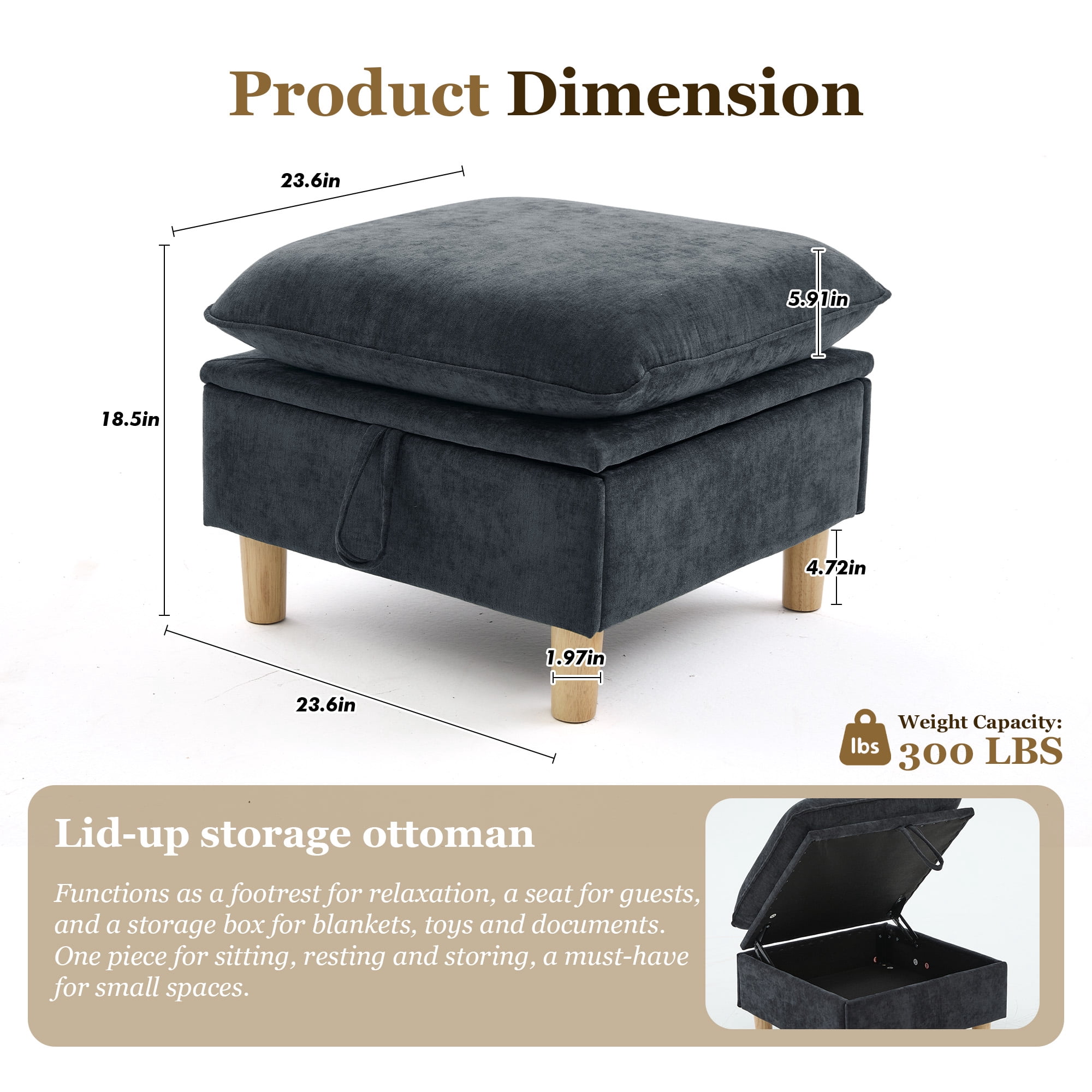 MOONMISS 23.6" Chenille Storage Ottoman with Solid Wood Legs,Large Capacity Footrest Stool,High-Rebound Foam Cushion for Living Room,Bedroom,Small Spaces