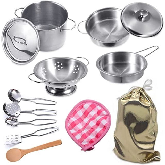 YOPTOP Mini Stainless-Steel Kitchen Toys, Tiny Size Pretend Cooking Utensils Toys for Kids, Cookware Pots and Pans Play Set with Cooking,Educational Kitchen Experience Toy