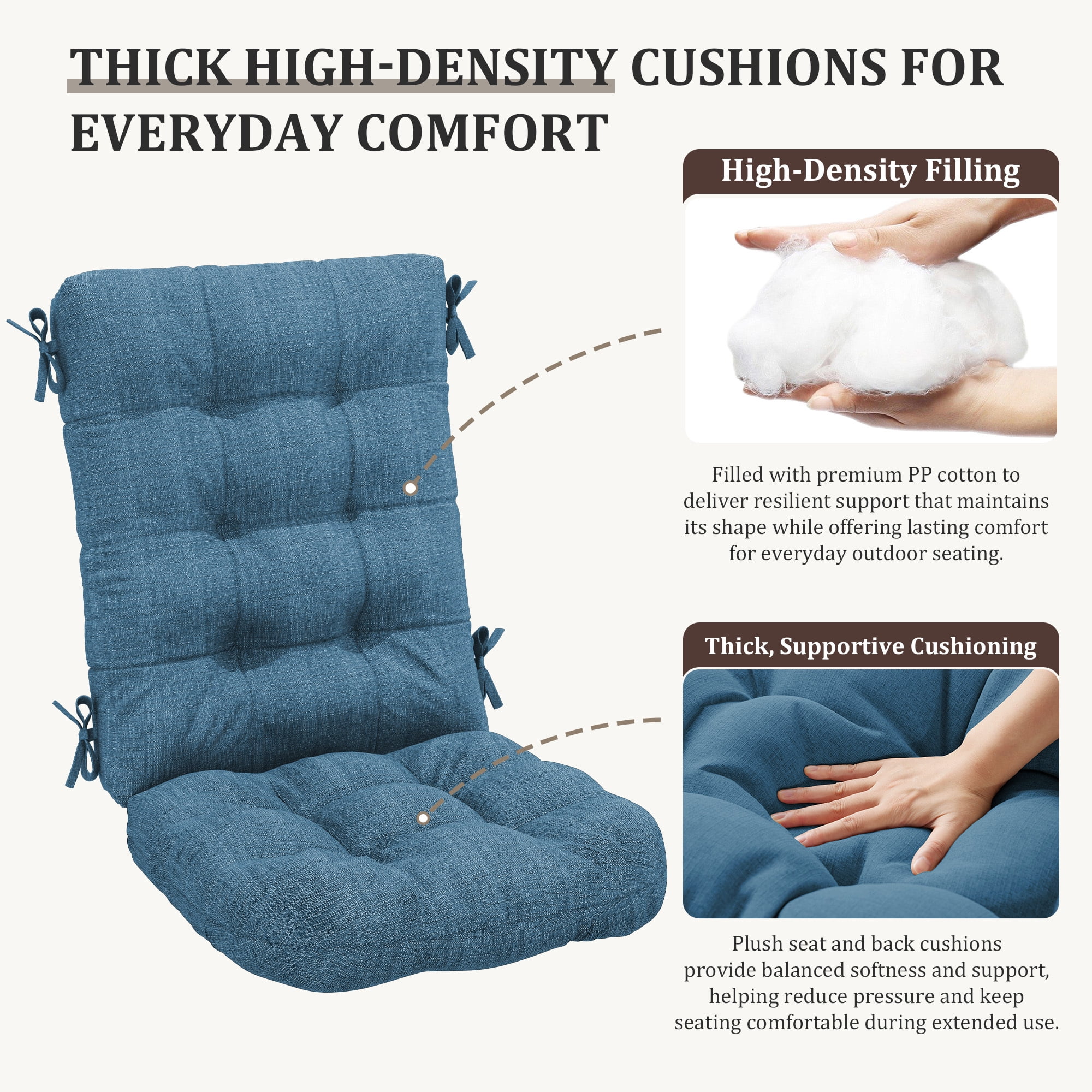 FUNDAZE Outdoor Chair Cushion, 47"L x 19.9"W 2 Piece Cushion W/ Ties for Indoor Outdoor Rocking Chairs, Dark Blue