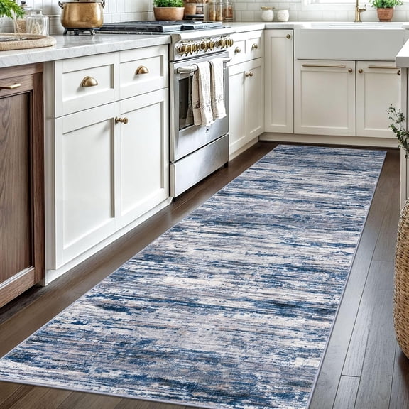 3x8 Modern Abstract Runner Rug for Hallways, Navy Blue Gray Neutral Multi Super Soft Hallway Decor Kitchen Rugs with Non-Slip, Non-Shedding Washable Rug for Entryway Bedroom Indoor