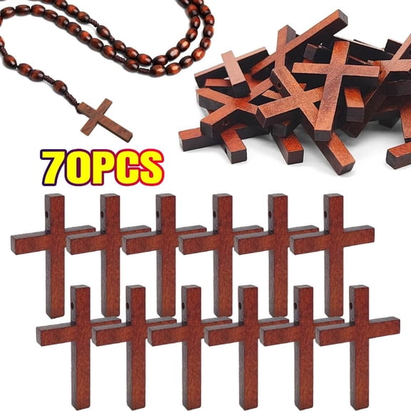 70 Unfinished Small Wooden Crosses with Gold String for DIY Crafts, Wood Cross Ornaments for Easter Tree (1.73 x 1.1 8In), Word Cards Gift Tags