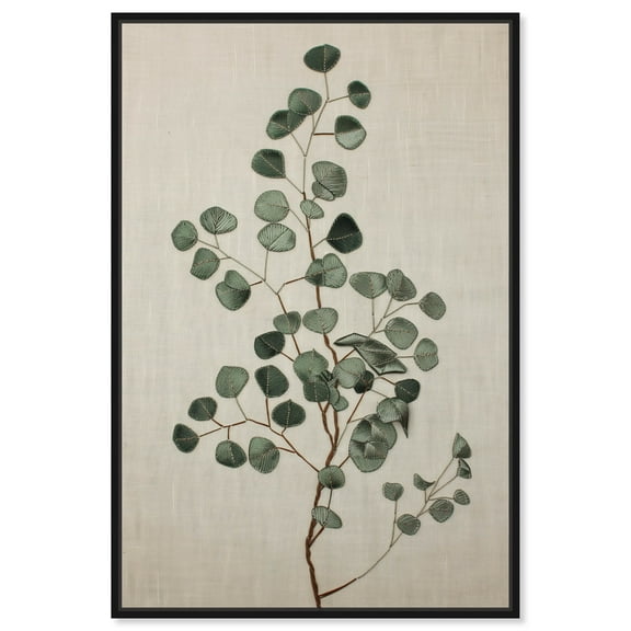 Eucalyptus Embroidery II Minimalistic Botanical Art Prints Canvas Wall Art by Art Remedy, Black Floater Frame, 10"x15"