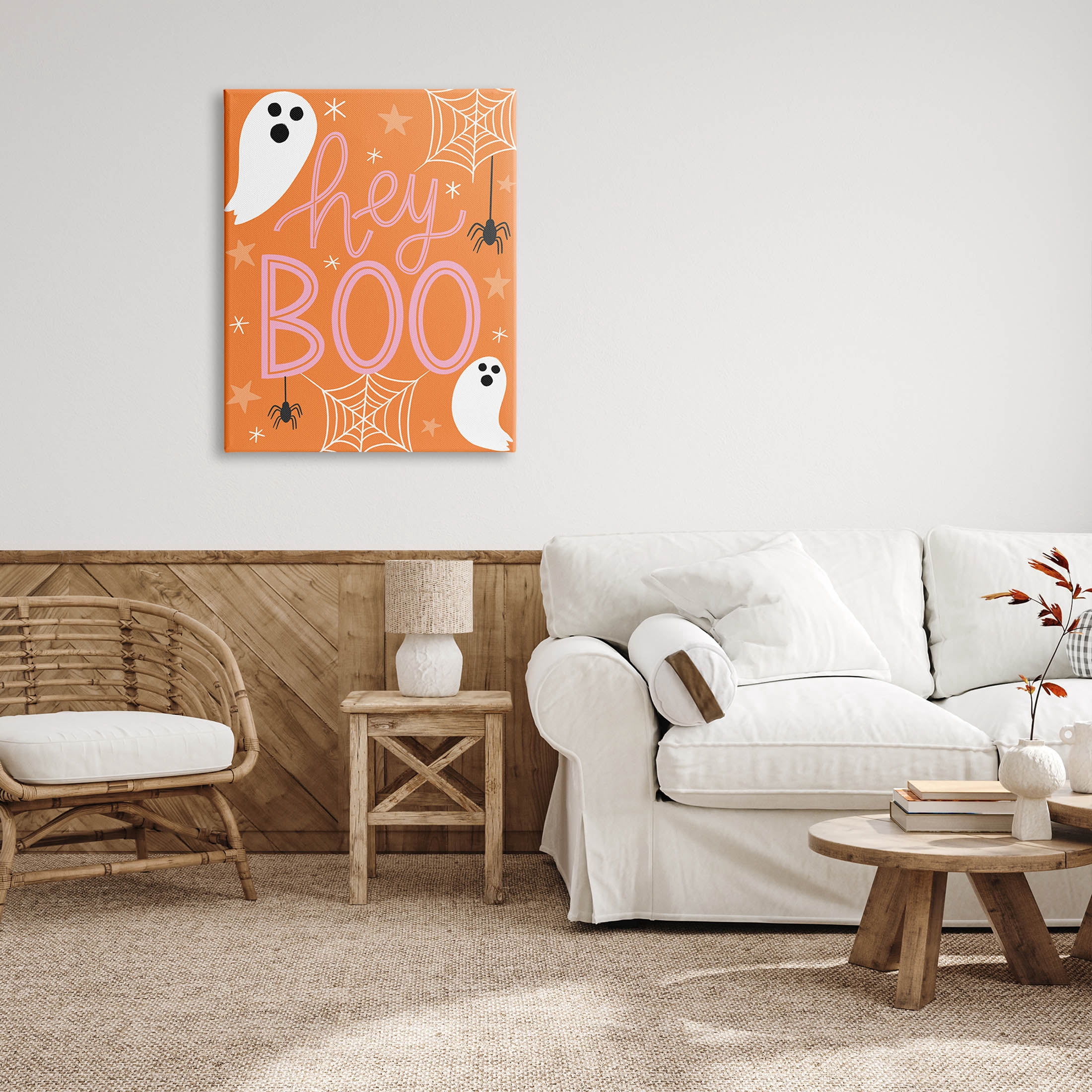 Hey Boo Orange Halloween Ghosts Holiday Graphic Art Gallery Wrapped Canvas Print Wall Art