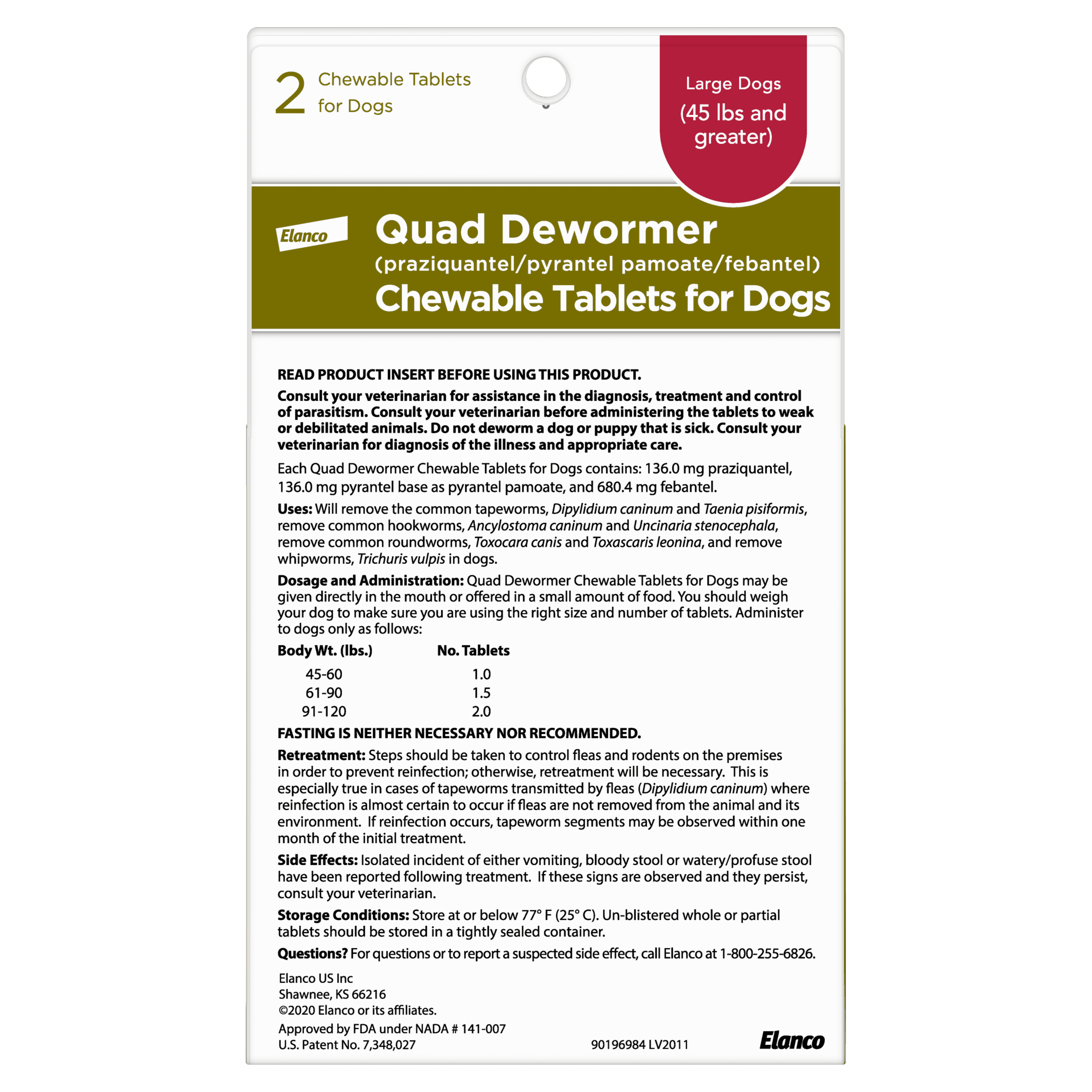 Elanco Quad Dewormer for Hookworms, Roundworms, Tapeworms & Whipworms for Large Breed Dogs