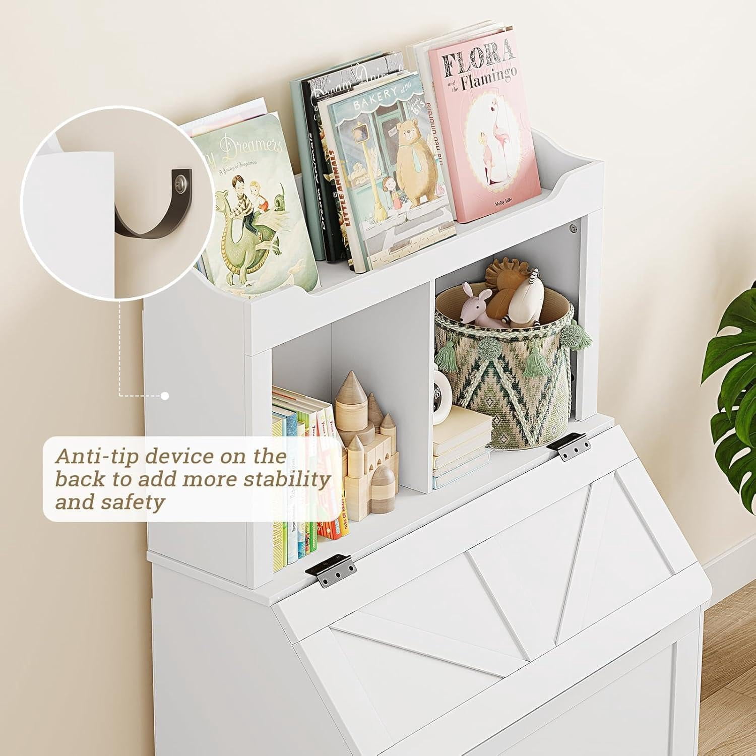 TROPOW Spacious 3-tier Wooden Kids Bookcase and Toy Storage Organizer with Flip-Top Lid, Versatile Design for Playroom, Bedroom, Nursery, and Kindergarten - Child-Friendly Toy Chest Organizer