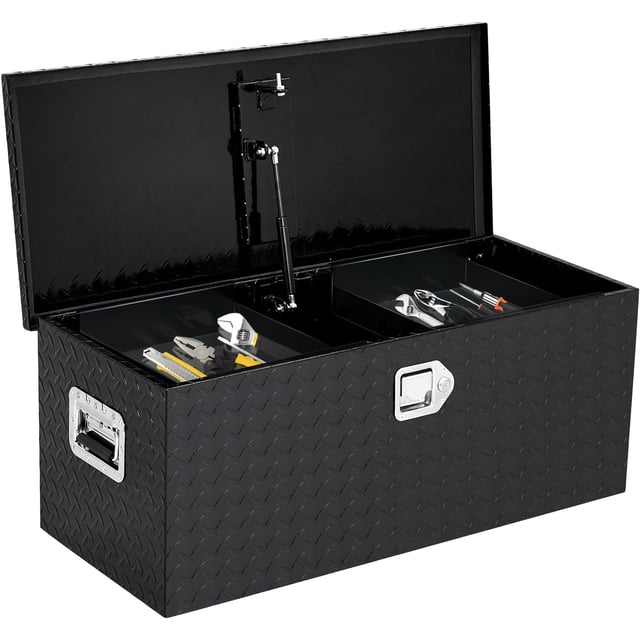 36-In Truck Bed Tool Box Heavy-Duty Aluminum with Sliding Shelf Lockable Diamond Plate Toolbox for Pickup RV Trailer with 2 Small Box Black