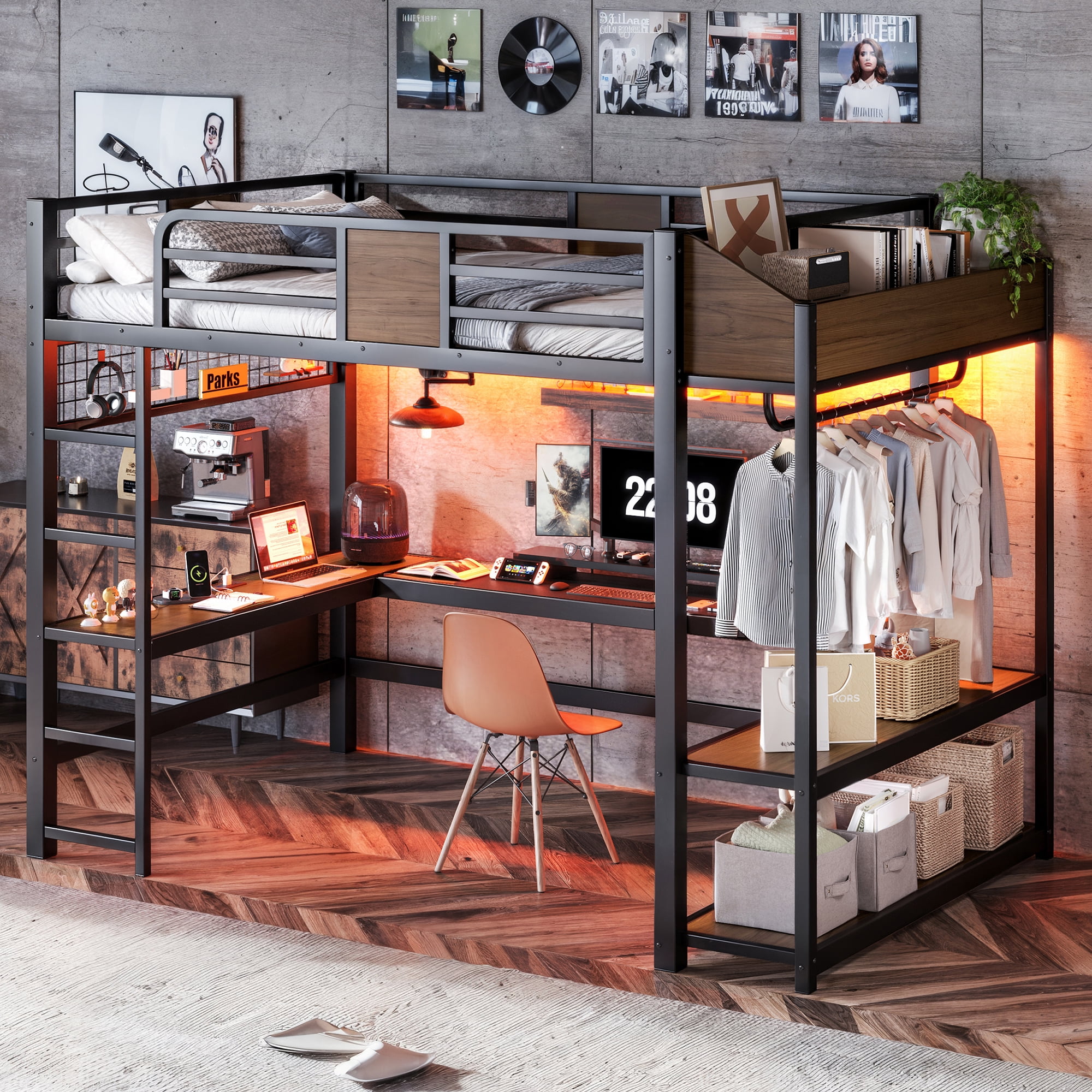 Mintazer Full Metal Loft Bed with L-Shaped Desk & LED Light Strip, Loft Bed Frame with Charging Station and Clothes Hanging Rod & Storage Shelves for Teen Adult Small Apartment Dorm, Black & Walnut