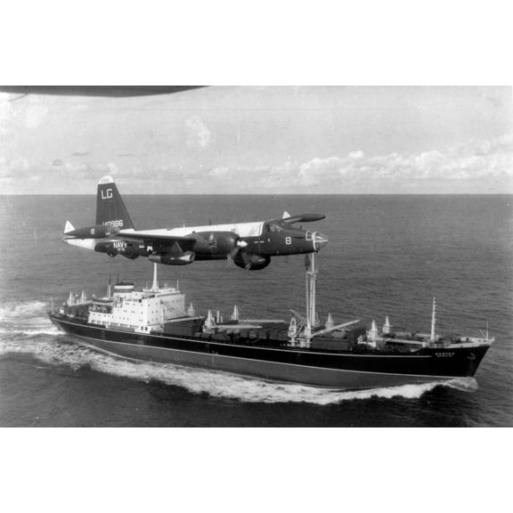 24x36 gallery poster, P-2H Neptune flying over Soviet cargo ship with Il-28s Cuban Missile Crisis