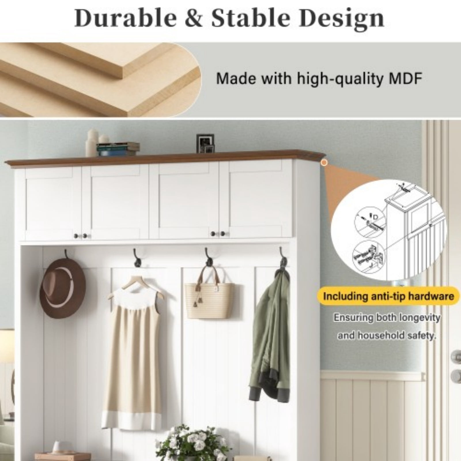 59" Farmhouse Entryway Hall Tree with Bench, 4-in-1 Coat Rack Shoe Storage with 4 Cabinets & Open Compartments, Wood-Grain Hall Tree Organizer with Hooks for Hallway Entryway, White