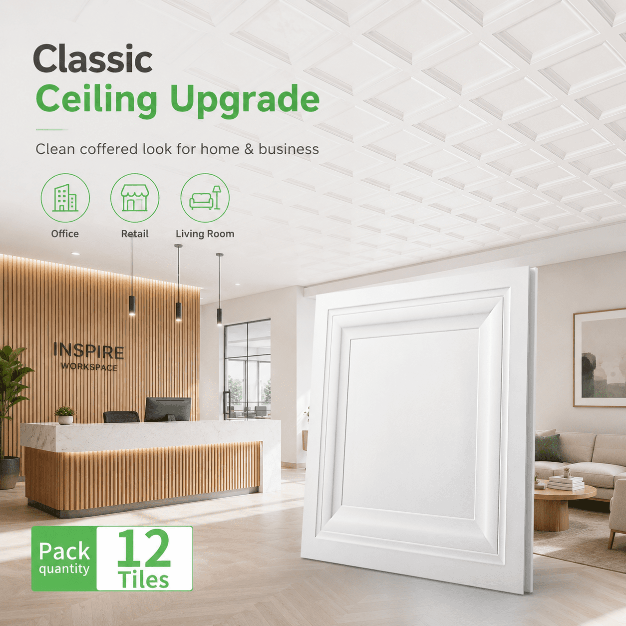 Yeslife 12-Pack White PVC Drop Ceiling Tiles 2x2 ft, Waterproof Washable Reusable Ceiling Panels for Basement, Home & Office, Covers 48 sq ft