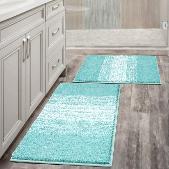 Bathroom Rug Set of 2, Anti-Slip Washable Plush Bathroom Floor Mat, Microfiber Absorbent Striped Bath Rug for Tub, Bathroom and Shower (18''x26''+20''x32'', Aqua Blue)