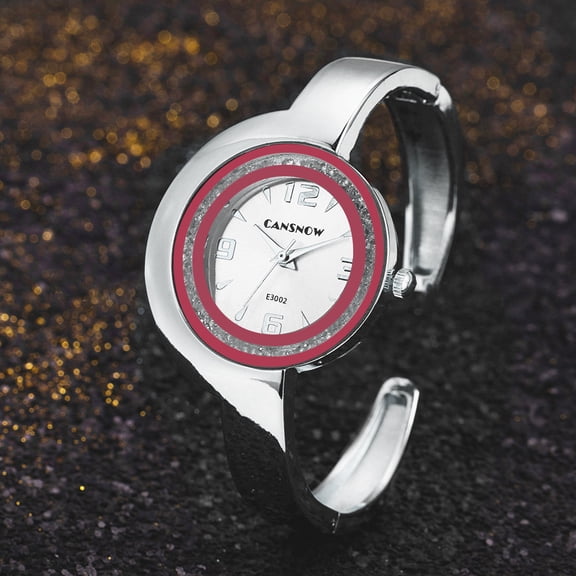 Silver Open Cuff Watch Polished Stainless Steel Crystal Encrusted Bezel