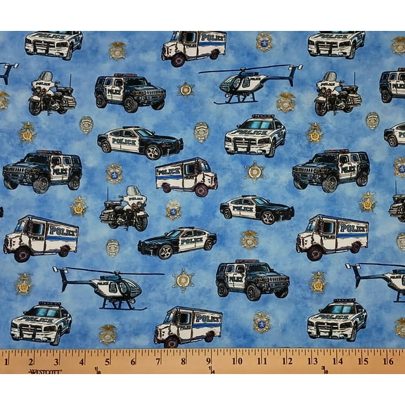 Cotton American Heroes Police Cars Helicopters Motorcycles Trucks Badges Quilting Treasures Blue Cotton Fabric Print by the Yard (2600-30687-B)
