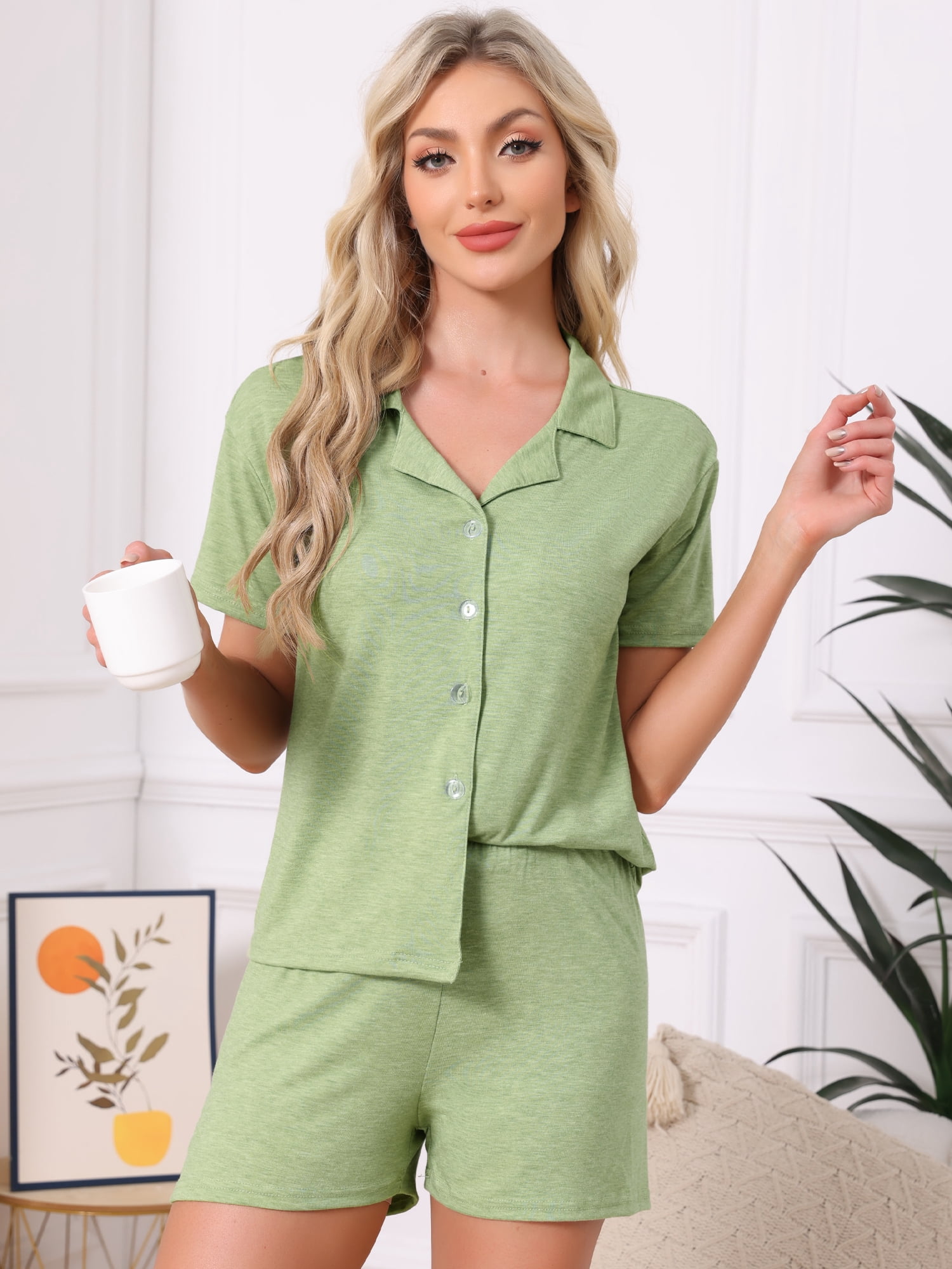 DARING DIVA Women's Pajamas Button Down Short Sleeve Top with Shorts Lounge Sets M Green