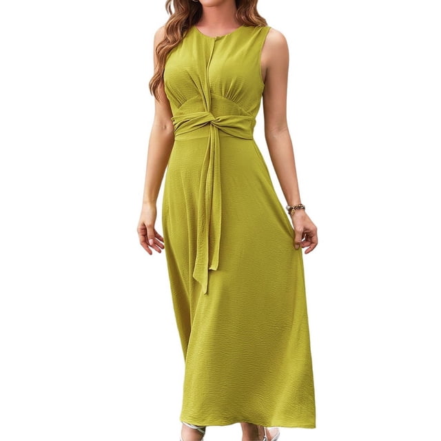 Robe Midi T-Shirt Sans Manches Décontractée d'Été pour Femmes, Coupe Ajustée, Taille à Nouer, Débardeur, Longues Robes, Robe de Vacances, Jaune, P